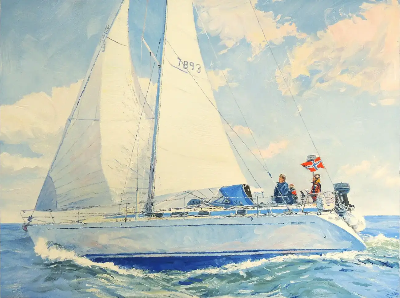 Bright oil painting of a white sailing yacht cruising through choppy blue waters. The boat leans gently in the wind, with figures visible in the cockpit and a red Norwegian flag flying from the stern.