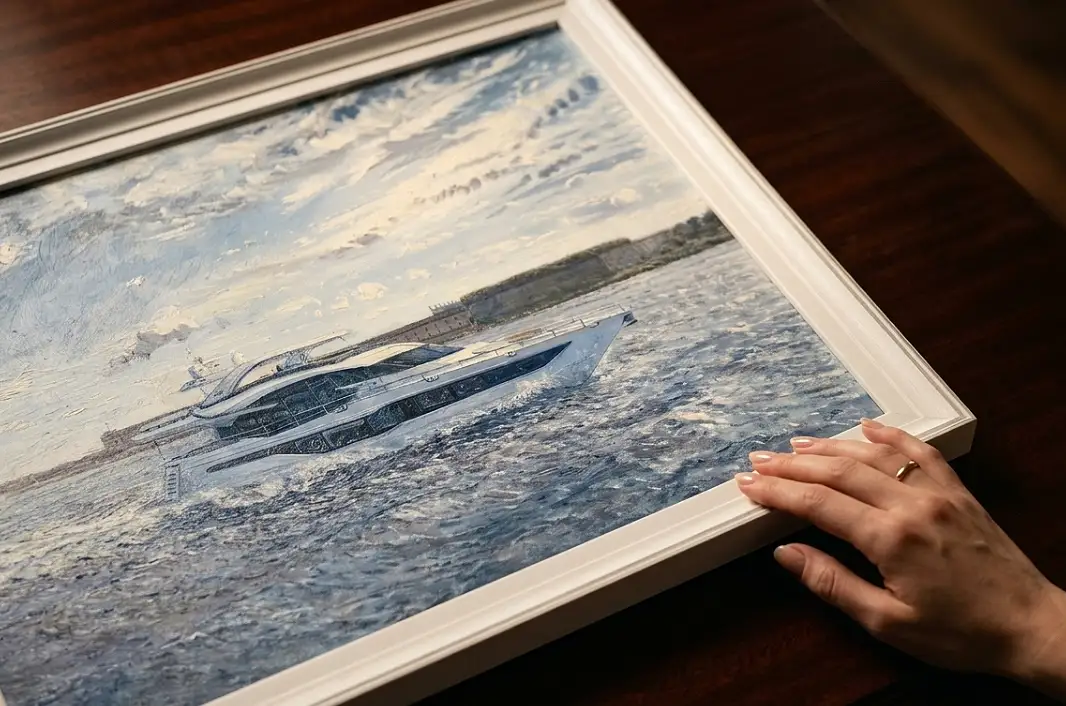 A person's hands adjusting the framed painting against rich dark wooden wall panelling under a warm picture light.