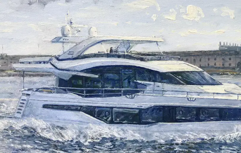 Close up of the modern Galeon 800 Fly motor yacht cutting through the choppy blue water.