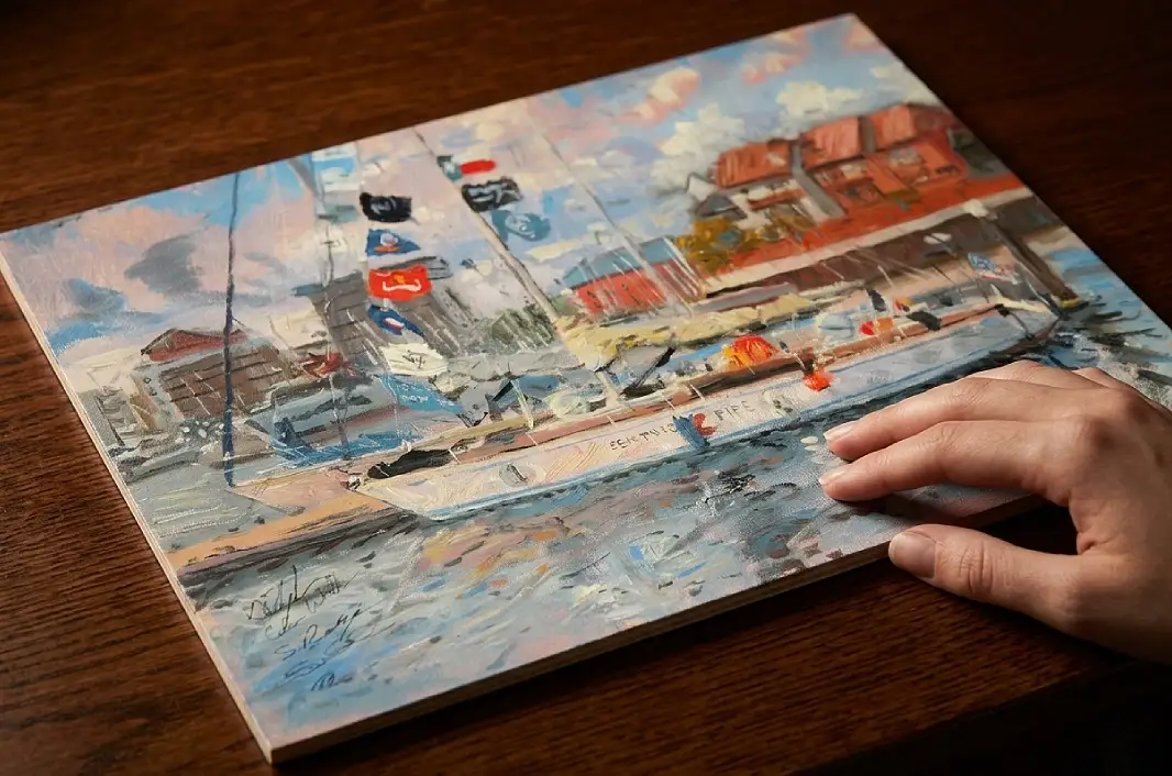 The unframed painted panel held flat against a dark wooden table by a hand.