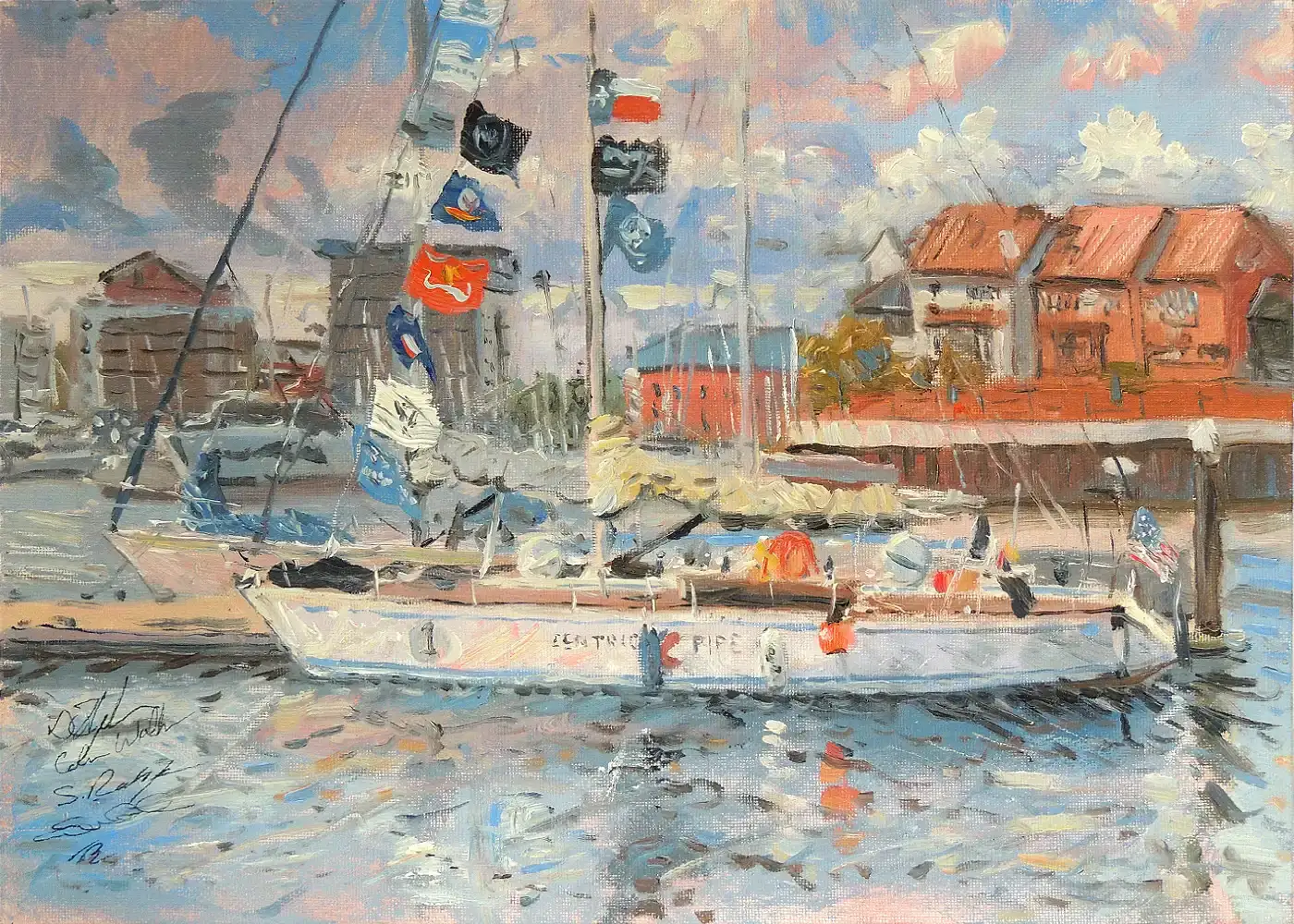 Landscape-orientation oil painting of the white sailing yacht Godspeed moored in a marina. The boat flies several colorful flags, and the painting features authentic signatures from the crew members on the bottom left of the panel.