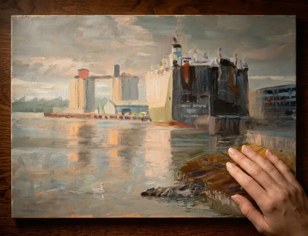 The unframed painted canvas held flat against a dark wooden table.