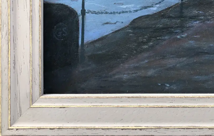 Close up of the distressed white wooden frame, showing the artist's GS signature on the dark, wet stones.