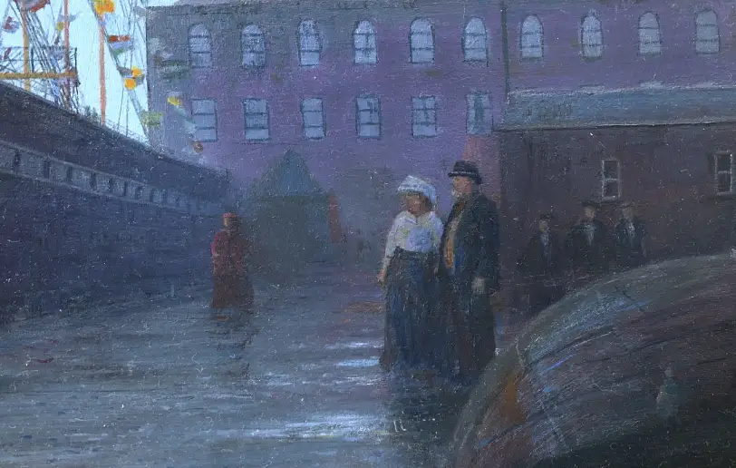 Close up of the wet cobblestone dock, showing Edwardian figures observing the ship, a large wooden anchor, and the textured reflections on the ground.