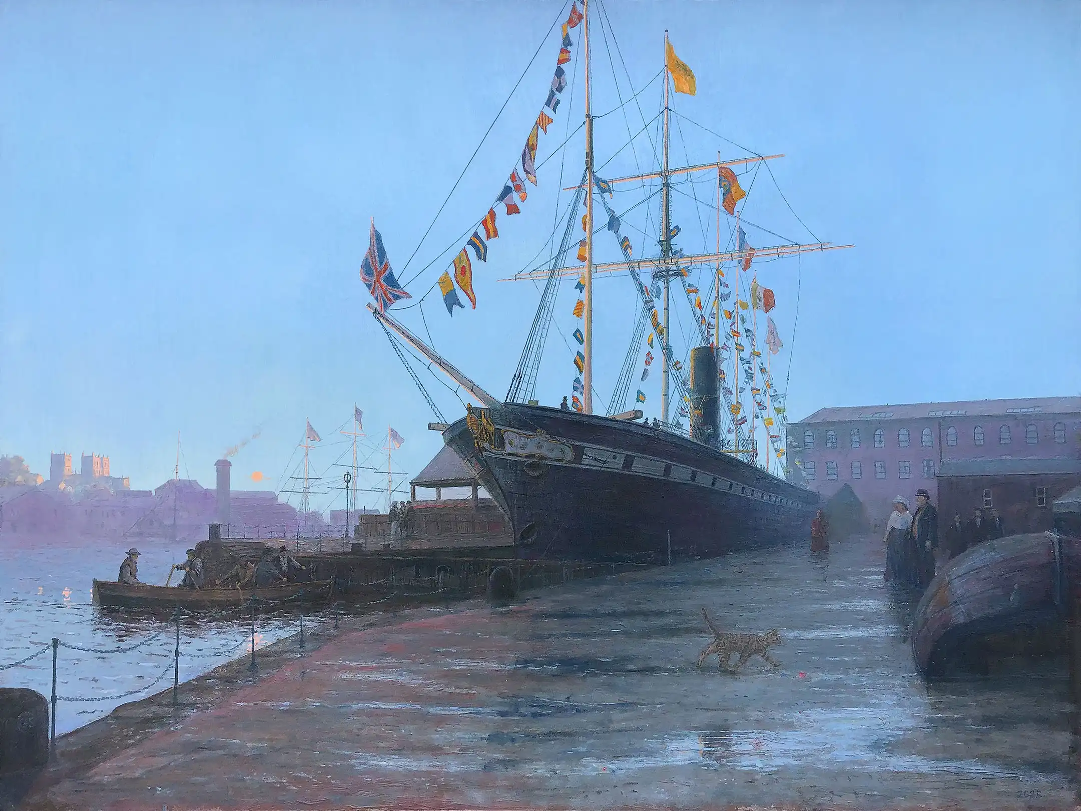 Oil painting of Brunel's SS Great Britain docked in Bristol at dawn on launching day.