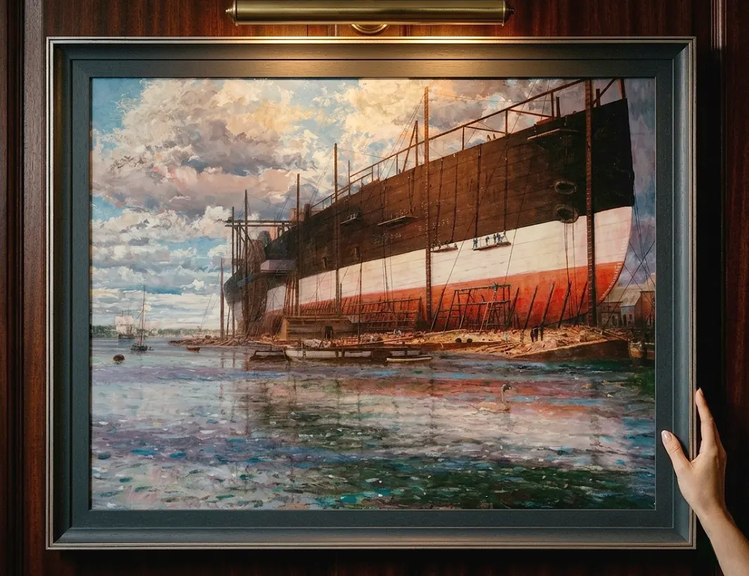 The framed painting against rich dark wooden wall panelling under a warm picture light.