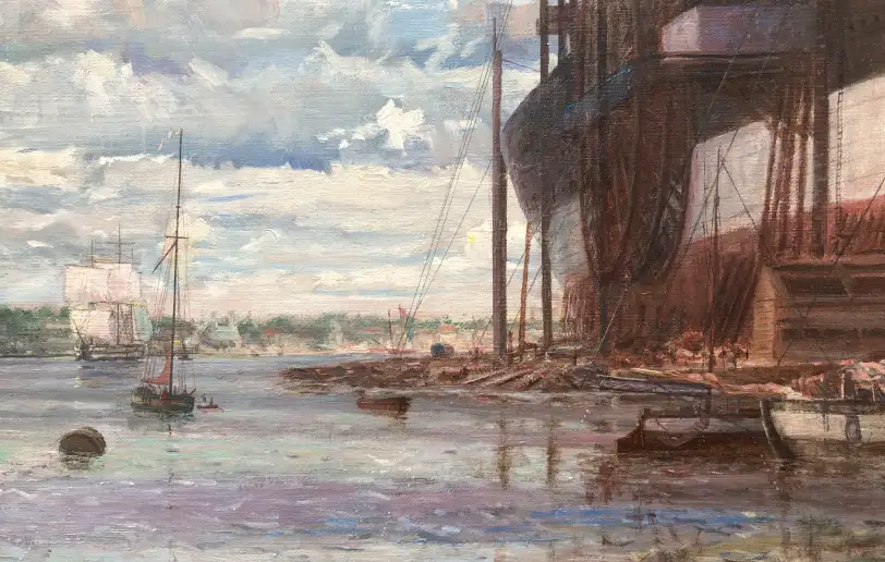 Close up of the ship's bow section under construction, showing scaffolding, small boats on the river, and the busy Thames waterfront.
