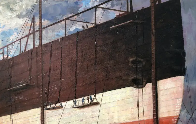 Close up of the massive midsection of the hull, emphasizing its sheer scale as tiny figures work on scaffolding suspended against the dark iron.