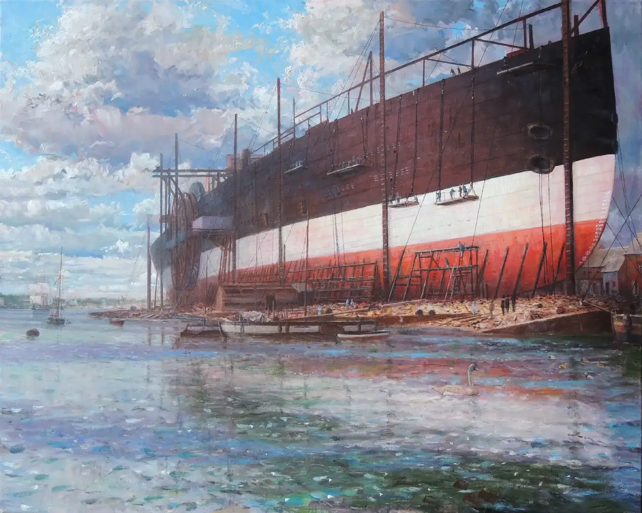 Oil painting of the massive iron hull of Brunel's ship Great Eastern under construction on the Thames.