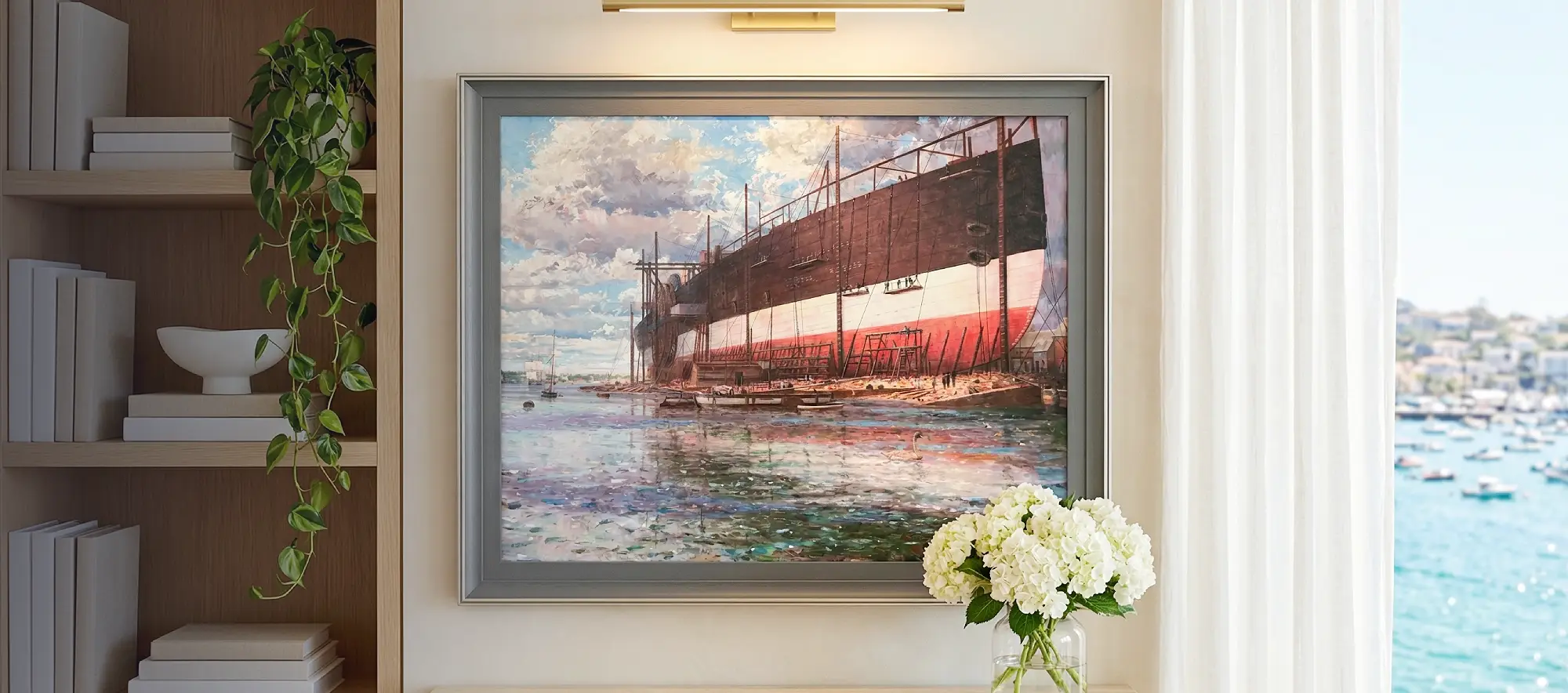 Framed painting of the Great Eastern hanging on a white wall above a light wood table with white hydrangeas, flanked by a modern bookcase.