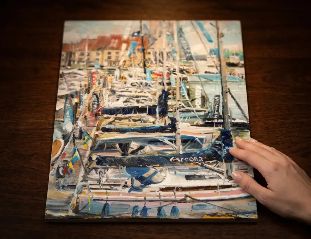 The unframed painted panel held flat against a dark wooden table by a hand.