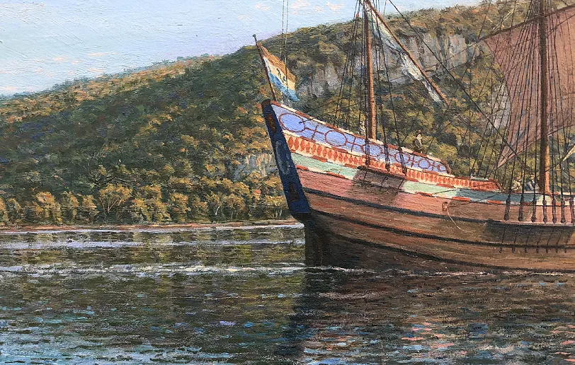 Detailed close-up showing the bow, ornate paintwork, and hull of the 17th-century ship Halve Maen in oil paint.