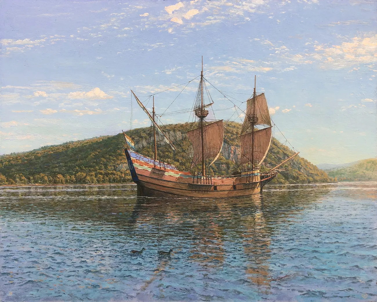Historical marine oil painting of Henry Hudson's 1609 ship Halve Maen sailing down the Hudson River amidst forested hills in morning light.