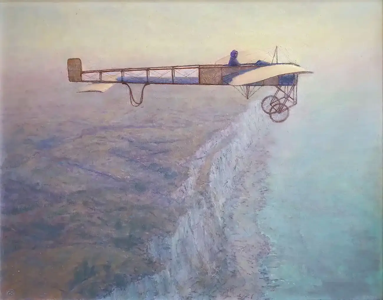 Oil painting showing aviation pioneer Harriet Quimby flying her early open-air Blériot XI monoplane high over the white cliffs of Dover. The coastal landscape far below is painted in soft, hazy greens and purples, contrasting with the pale morning sky.