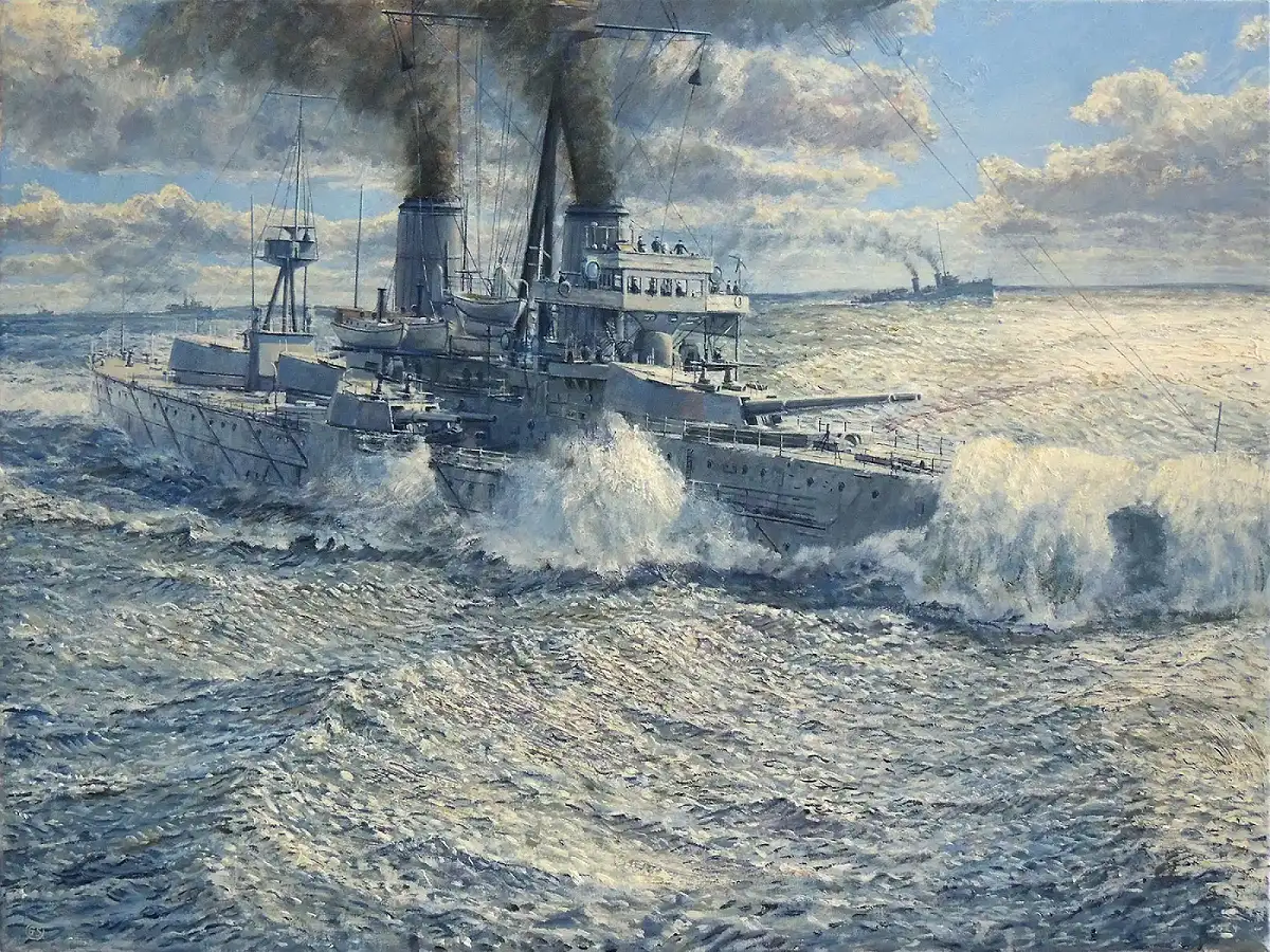 Oil painting of the historic grey battleship HMS Dreadnought in 1907, viewed from a dynamic angle as she crashes through rough, white-capped waves. Thick dark smoke billows from her twin funnels against a bright, cloudy sky.
