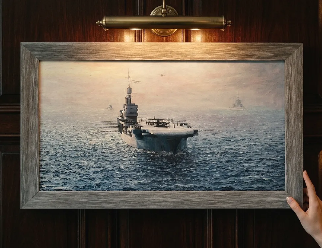 The framed panoramic painting held up by a hand against rich dark wooden wall panelling under a warm picture light.
