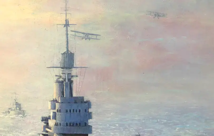 Close up of the ship's island and radar mast, with distant ships and a biplane flying in the pale sky.