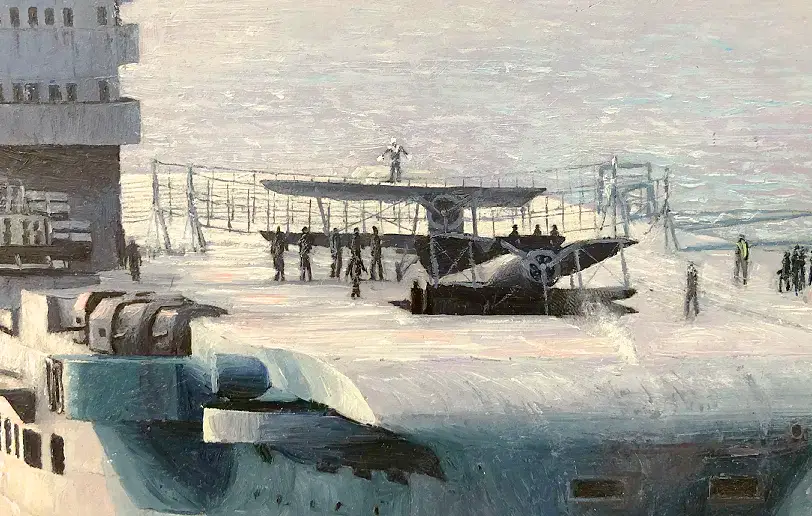 Close up of the aft flight deck, showing tiny figures of crew members and a Fairey Swordfish biplane preparing to land.