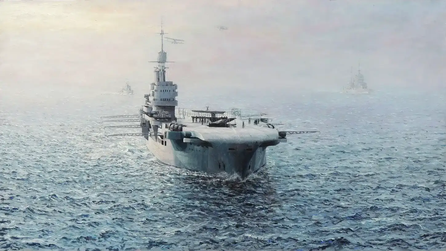 Panoramic oil painting of the aircraft carrier HMS Illustrious operating in the Mediterranean with landing Swordfish.