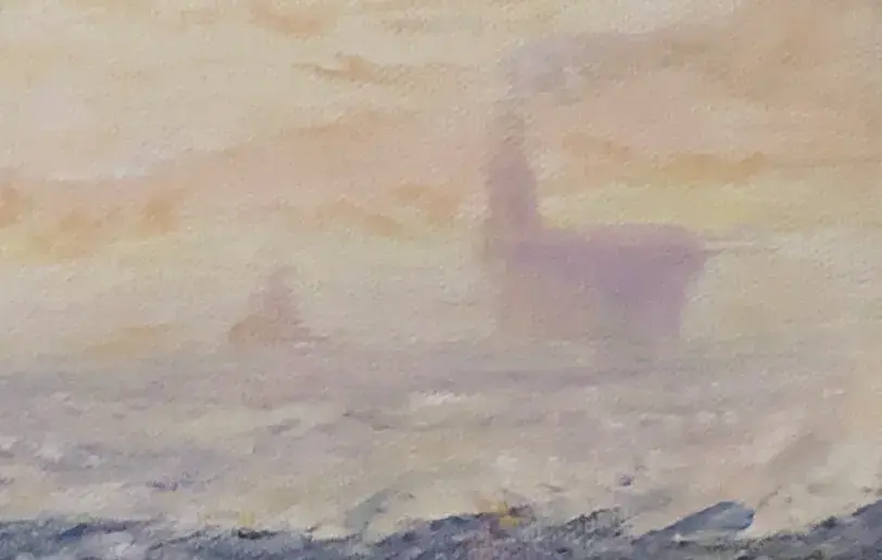 Close up of the left background, showing the soft, hazy silhouette of another naval vessel fading into the glowing sunset.