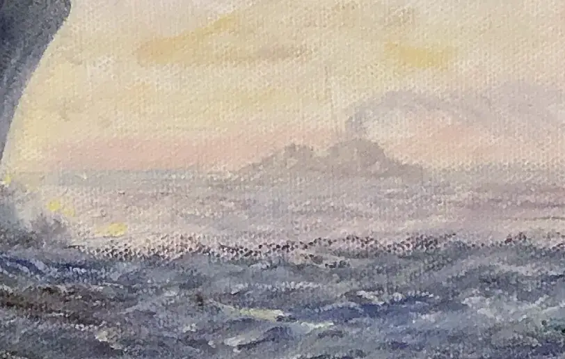 Close up of the right side of the painting showing a distant ship silhouette and the textured brushstrokes of the ocean waves.