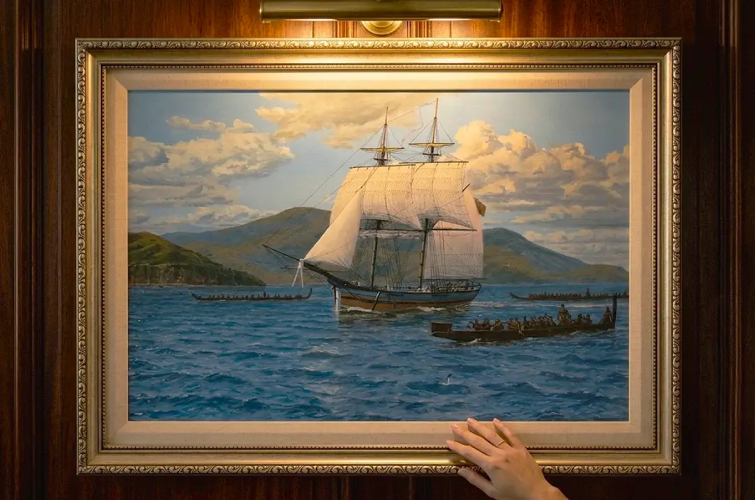 The framed painting against rich dark wooden wall panelling under a warm picture light.