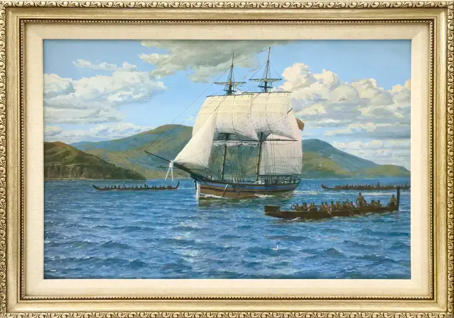 Oil painting of the survey brig Lady Nelson approaching the Bay of Islands, New Zealand, painted by Gregory Smith
