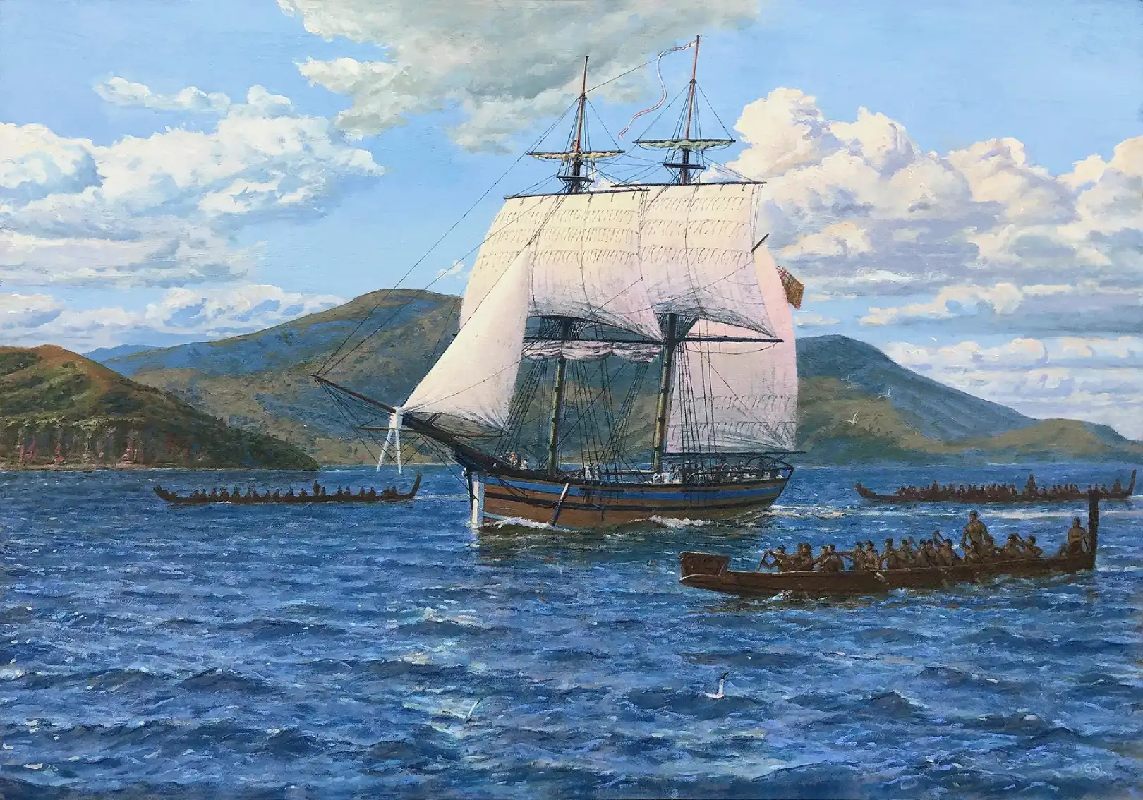 Oil painting of the survey vessel Lady Nelson sailing in choppy blue waters, escorted by Māori canoes.