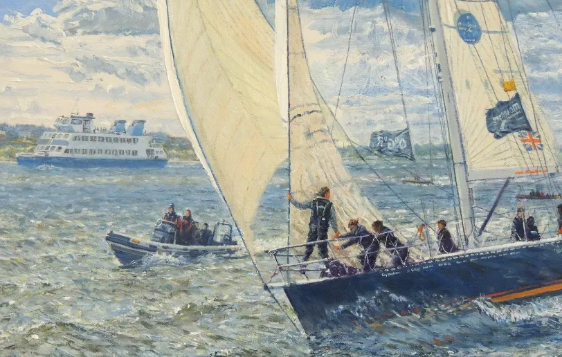 Close up of the bow of the yacht Maiden, showing the crew working on deck and a distant ferry on the horizon.