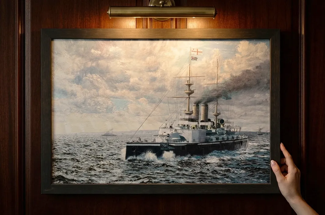 A person's hands adjusting the framed painting against rich dark wooden wall panelling under a warm picture light.