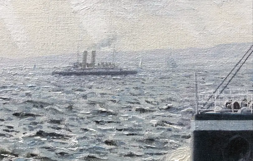 Close up of the left side of the painting, showing the turbulent sea and a distant ship on the horizon.
