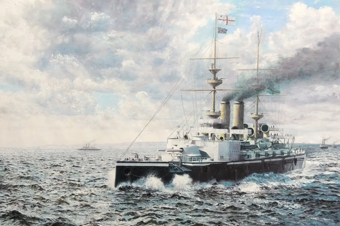 Oil painting of the pre-dreadnought battleship HMS Majestic cutting through rough seas in her Victorian colour scheme.