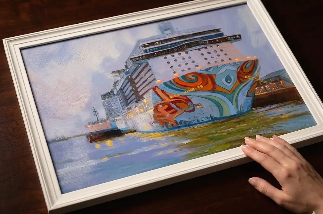A person's hands adjusting the framed painting resting on a dark wooden table.