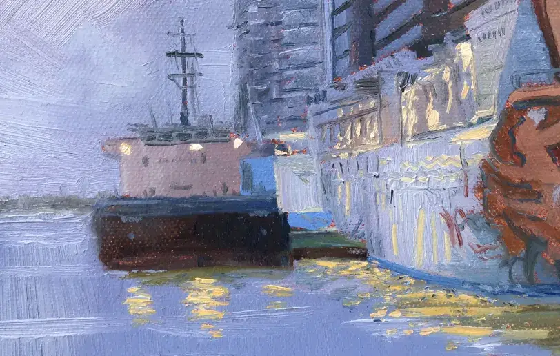 Close up of the left side of the painting showing the dock, water reflections, and a smaller vessel alongside the large cruise ship.