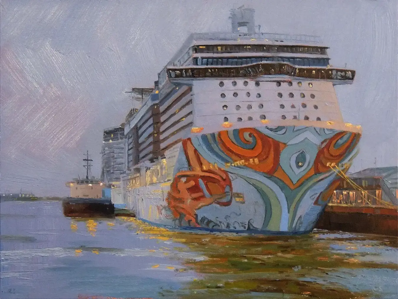 Oil painting of the cruise ship Norwegian Getaway docked, showing off its elaborate orange and blue bow decorations.