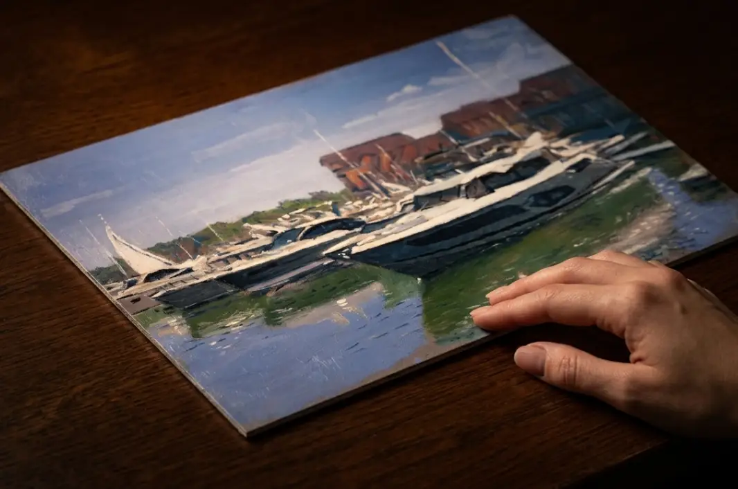 The unframed painted panel held flat against a dark wooden table by a hand.