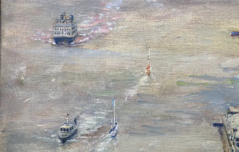 Close up of the left side of the painting showing smaller spectator boats following the yachts out towards the Solent.