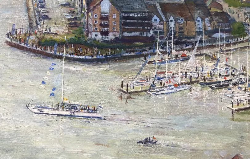 Close up of the right side showing the Ocean Village marina complex, moored yachts, and Spirit of Helsinki.