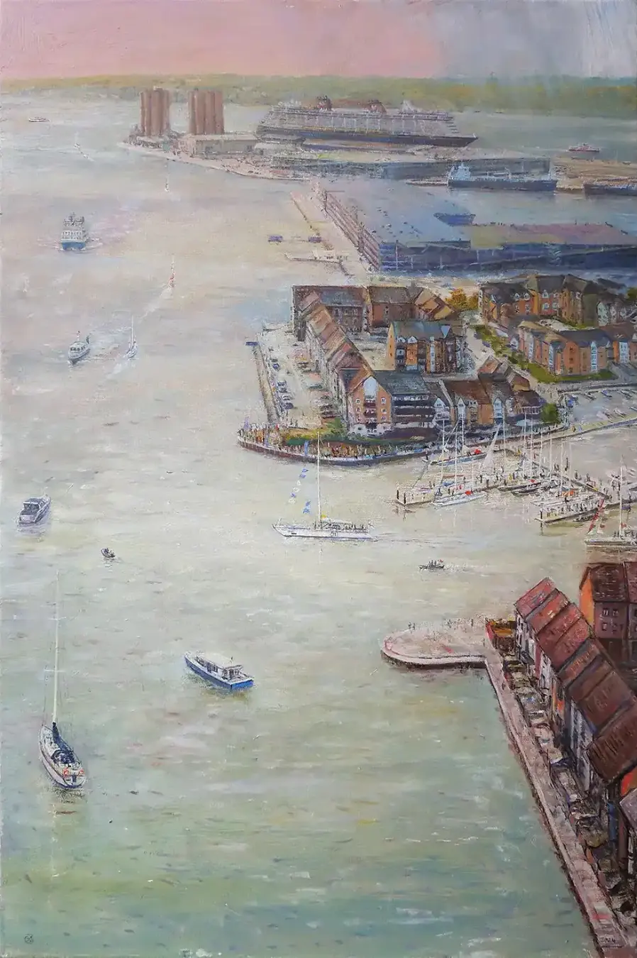 Oil painting showing an aerial view of Ocean Village in Southampton with yachts departing for the 2023 Ocean Globe Race.