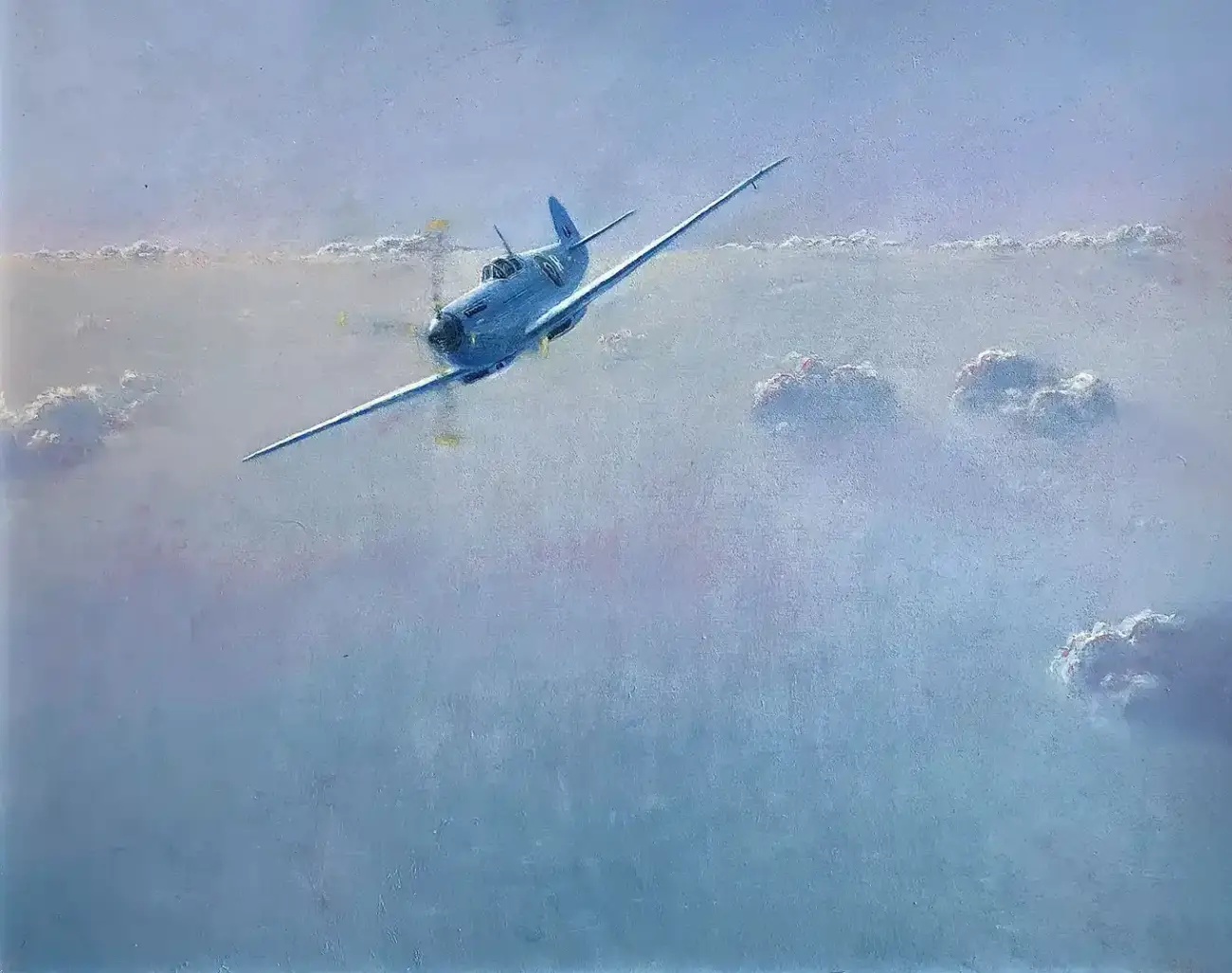 Oil painting of a pale blue reconnaissance Spitfire aircraft flying high above the clouds. The plane is seen from slightly below, banking gently in a vast, airy blue sky dotted with soft, fluffy white clouds.