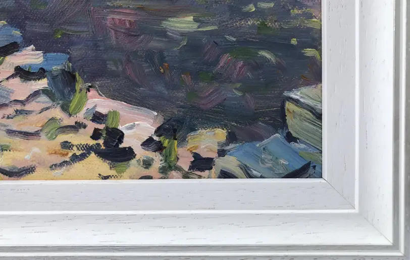 Close up of the white wood picture frame and the loose, impressionistic brushwork of the canvas.