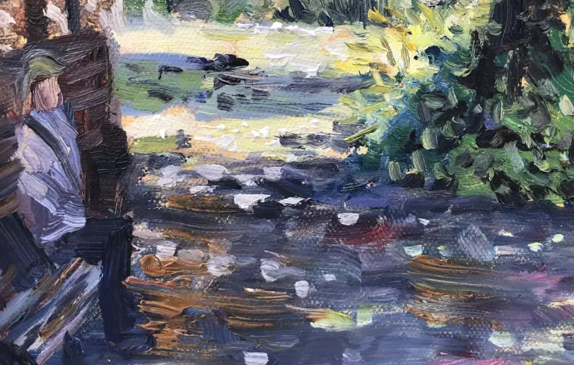 Close up of the left side of the painting showing a figure seated on a bench under the dappled shade of a large tree.