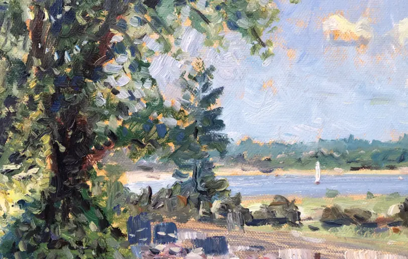 Close up of the right side showing the sunlit path, trees, and distant water with a small white sailboat.