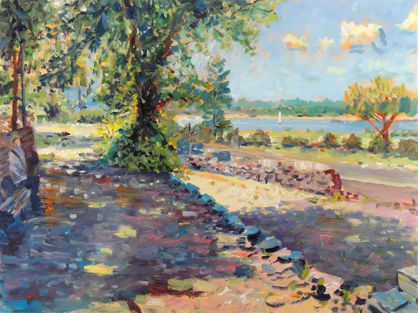 Impressionistic oil painting of the view from Southampton's city wall looking down towards Mayflower Park, featuring dappled shade and bright sunlight.