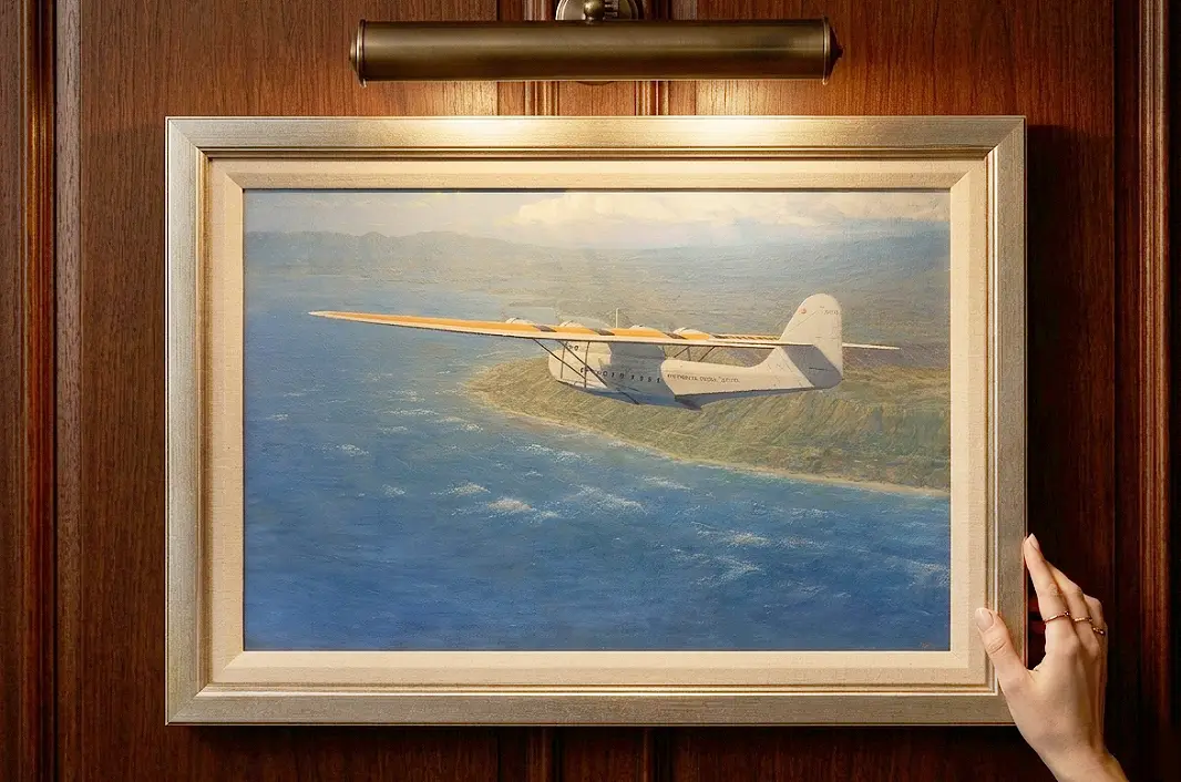 A person's hands adjusting the framed aviation painting against rich dark wooden wall panelling under a warm picture light.