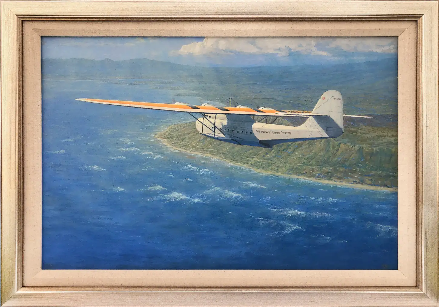 Oil painting in a champagne gold frame with a linen slip, showing a silver Pan Am Martin M-130 flying boat soaring above the vibrant blue ocean and green Hawaiian coastline.