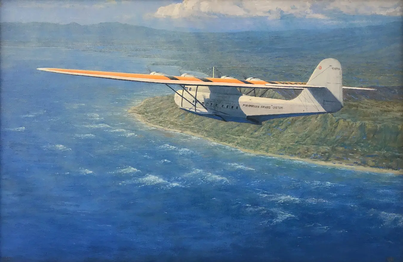Oil painting of a classic Pan American Airways Martin M-130 flying boat descending over the blue waters and lush green coastline of Diamond Head, Honolulu.