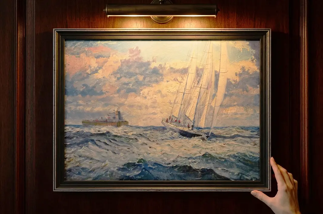 A person's hands adjusting the framed painting against rich dark wooden wall panelling under a warm picture light.