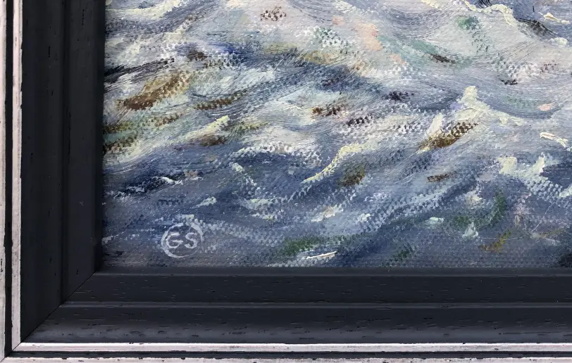 Close up of the dark grey picture frame and the expressive, textured brushstrokes of the turbulent sea.