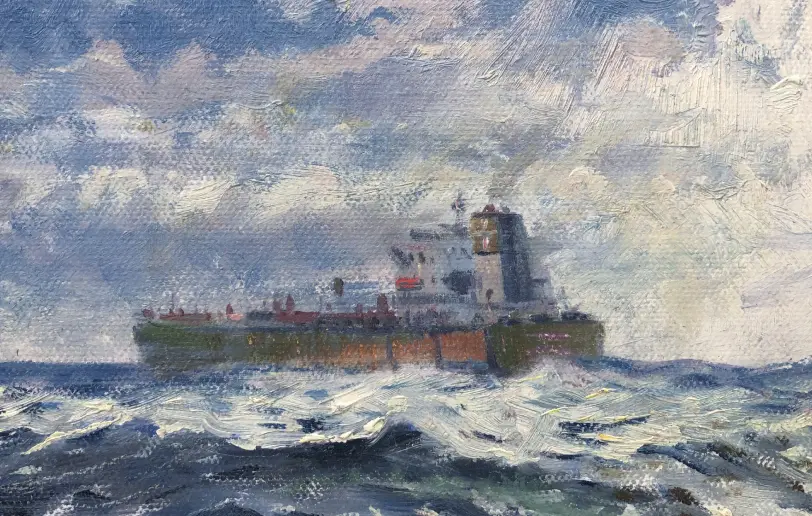 Close up of the left side of the painting showing the distant cargo ship and rough, textured ocean waves.
